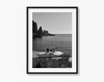 Coastal Reading Print, Woman Relaxing, Capri Black and White Wall Art, Vintage Print, Photography Prints, Museum Quality Photo Art Print
