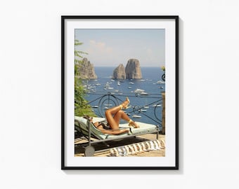 Woman Sunbathing Print, Capri Italy Wall Art, Fashion High Heels Print, Vintage Print, Photography Prints, Museum Quality Photo Art Print