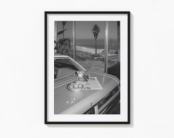 Impresión de coche clásico con vista costera, arte mural en blanco y negro de coche clásico, impresión vintage, impresiones fotográficas, impresión fotográfica con calidad de museo
