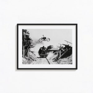 Motorcycle Jumping over Train Print, Extreme Sports Black and White Wall Art, Vintage Print, Photography Prints, Museum Quality Photo Print