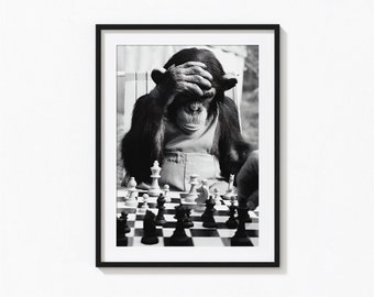 Checkmate Print, Monkey Playing Chess, Black and White Wall Art, Vintage Print, Photography Prints, Museum Quality Photo Art Print