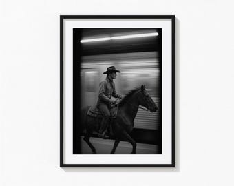 Stampa vintage di cowboy della metropolitana, arte murale western in bianco e nero, stampa vintage, stampe fotografiche, stampa artistica fotografica di qualità museale