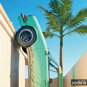 May include: A teal vintage car, possibly a Porsche, is angled against a wall, with its wheels up. The car has a black wheel and a brown stripe. A palm tree and blue sky are in the background. The word "Carrera" is visible on the side of the car.