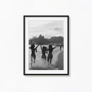 Women Walking in Ocean Waves, Rio Beach Black And White Wall Art, Vintage Print, Photography Prints, Museum Quality Photo Art Print