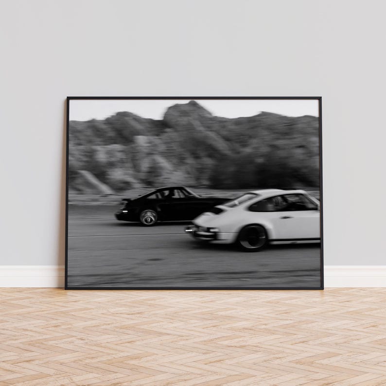 Puede incluir: Impresi&oacute;n en blanco y negro enmarcada que muestra dos coches deportivos en movimiento. Uno es negro, el otro blanco. El fondo muestra monta&ntilde;as y cielo borrosos, creando una sensaci&oacute;n de velocidad.