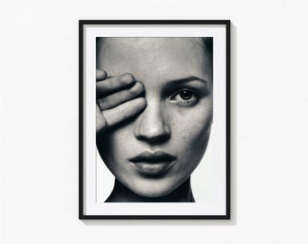 Kate Moss Blind Eye-print, modeposter, zwart-witte muurkunst, vintage print, fotografie-prints, museumkwaliteit fotokunstprint