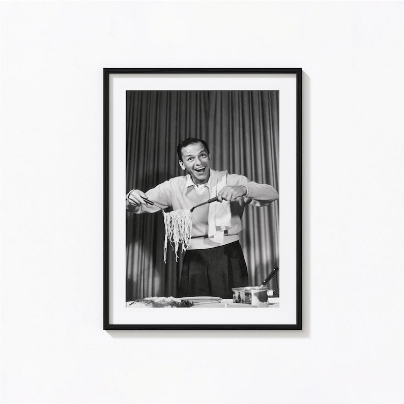 Frank Sinatra Eating Spaghetti Print, Kitchen Black and White Wall Art, Vintage Print, Photography Prints, Museum Quality Photo Print image 1