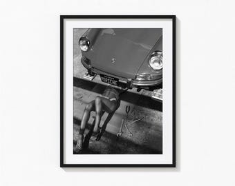 Retro Porsche 911 Print, Porsche Girl Poster, Black and White Wall Art, Vintage Print, Photography Prints, Museum Quality Photo Art Print