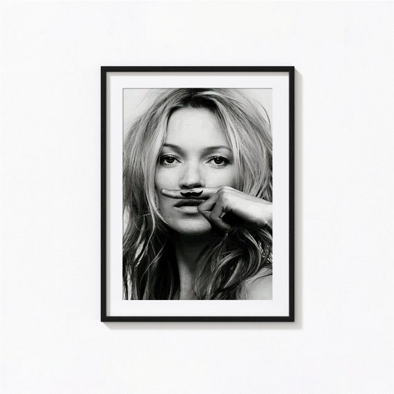 Kate Moss Print, Moustache Finger, Fashion Poster, Black and White