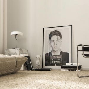 May include: A black and white photograph of a man in a mugshot, framed in a black frame, hanging on a white wall. The photo is surrounded by books and a small white sculpture.