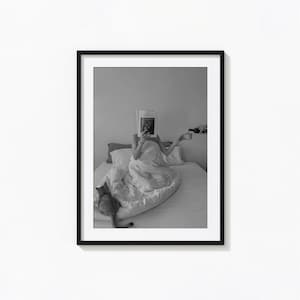 Woman Drinking Wine in Bed Print, Bar Cart Art, Black and White Wall Art, Vintage Print, Photography Prints, Museum Quality Photo Art Print
