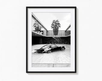 Porsche 911 Print, Hypebeast Black and White Wall Art, Porsche in the Pool, Vintage Print, Photography Prints, Museum Quality Photo Print