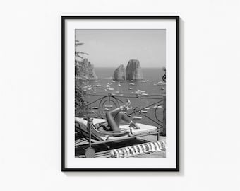 Woman Sunbathing Print, Capri Black and White Wall Art, Fashion Heels Print, Vintage Print, Photography Prints, Museum Quality Photo Print