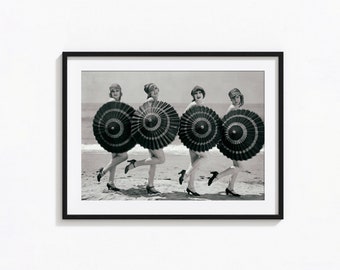 Women on Beach with Umbrellas Print, Vintage Beach Black and White Wall Art, Vintage Print, Photography Prints, Museum Quality Photo Print