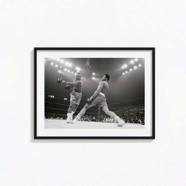 Muhammad Ali vs Joe Frazier Print, Muhammad Ali Zwart-witte Muurkunst, Vintage Print, Fotografieprints, Museum Kwaliteit Photo Art Print