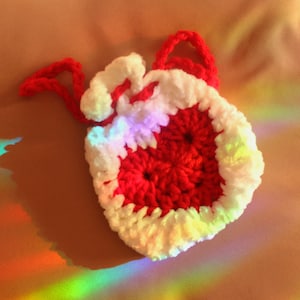 Crochet heart earbud pouch, soft white drawstring pouch