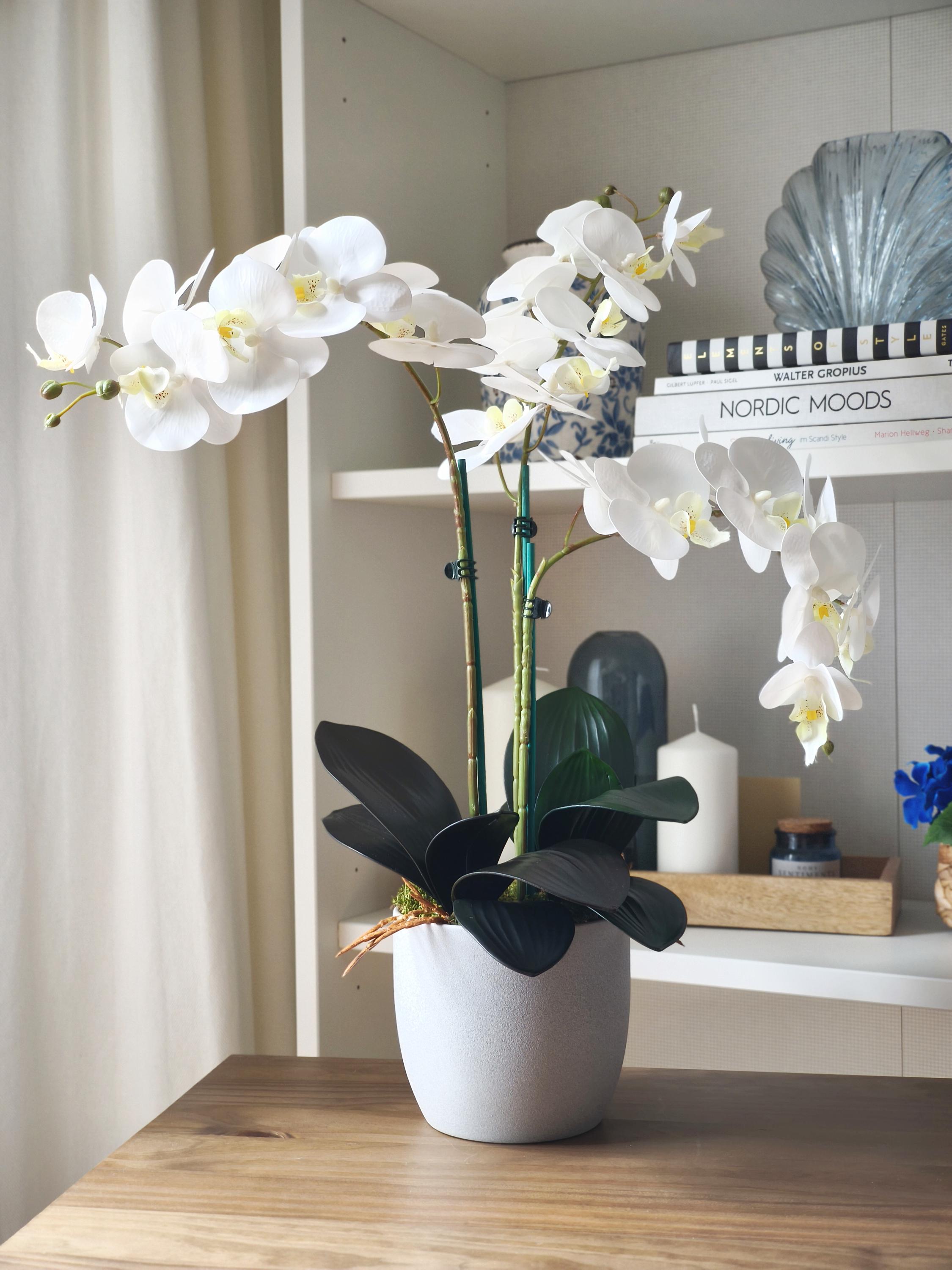 Künstliches hygge Orchideen-Gesteck im Topf, heller Kunst-Blumenstrauß, weiße Orchideen wie echt, Geschenk für Mama