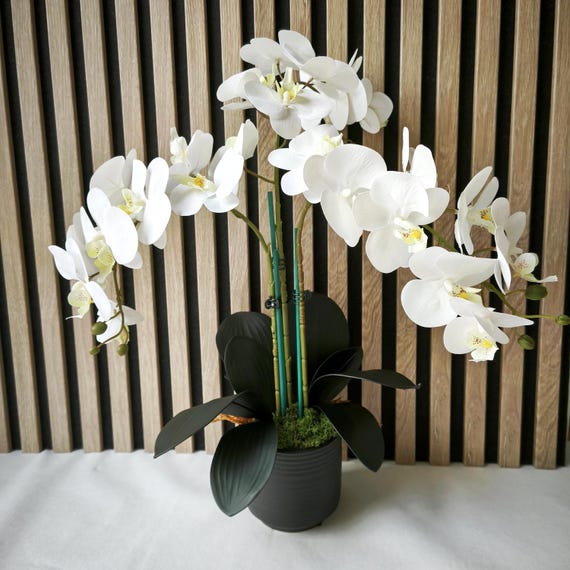 Weißes Orchideen-Gesteck im Topf, mittelgroßes Kunstblumen-Arrangement, praktische Wohndeko, hochwertige künstliche Phalaenopsis