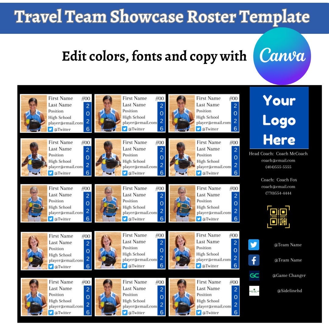 Travel Ball Roster Flyer Template for Showcase. Editable in Canva
