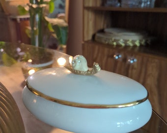 Beautiful Vintage Porcelain Trinket Container with Gold Snail on Cover