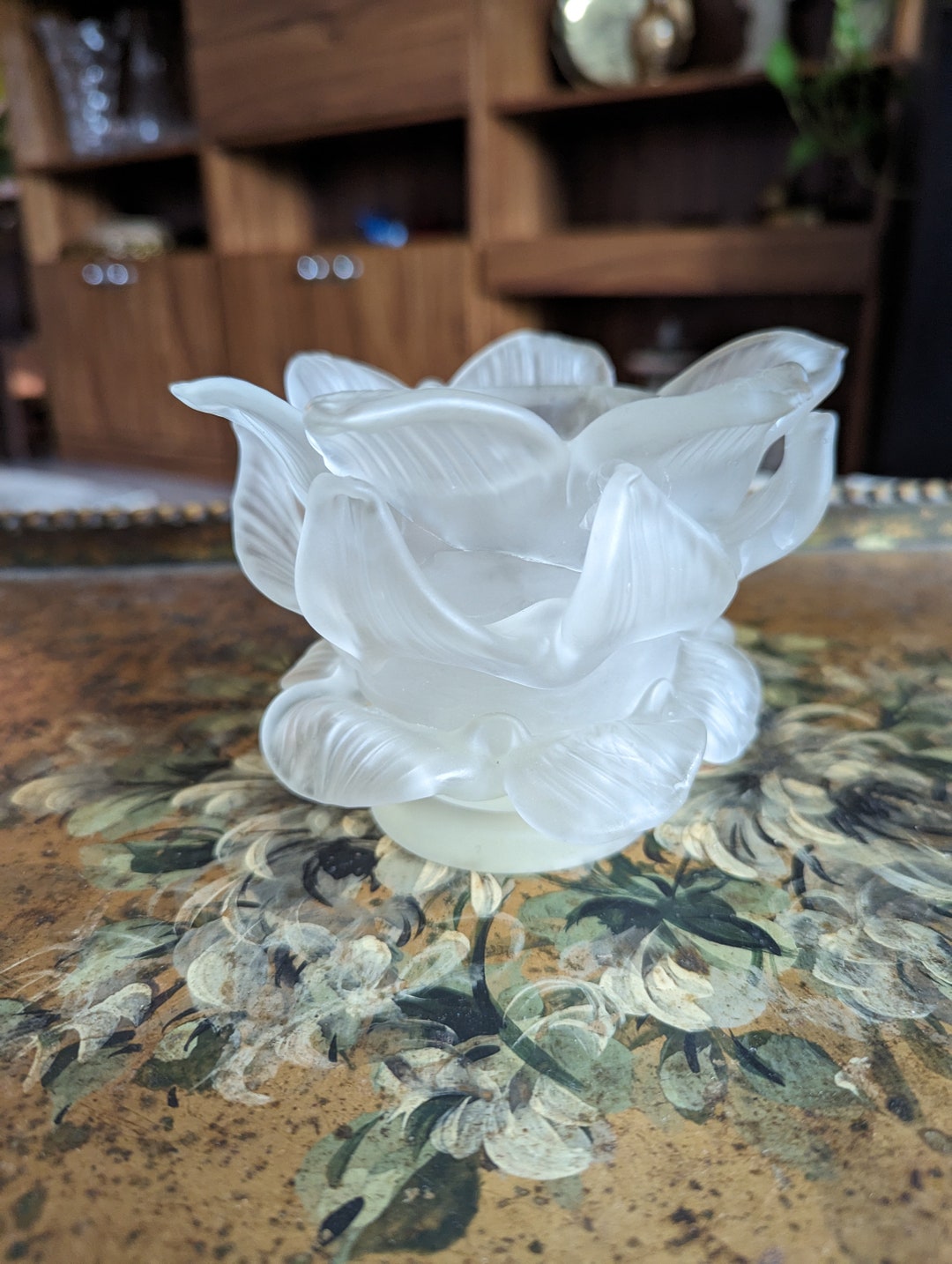 Vintage Frosted Glass Flower Candle Holder Etsy