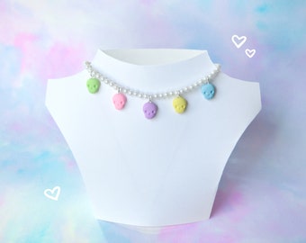 Faux Pearl Choker Skulls Pastel Goth Cute Necklace Unique Gift Polymer Clay Handmade Jewelry Kawaii Pastel Halloween Fairy Kei Pop Necklace