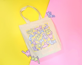 Pastel Cat Tote Bag Kawaii Aesthetic Pastelcore Art Gift for Cat Lovers Reusable Canvas Bag Cute Illustrated Laptop Tote Beige Cotton Bag