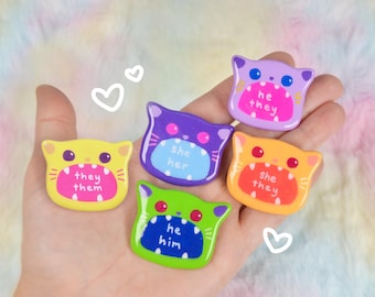 Custom Handmade Pronoun Pin Polymer Clay Brooch Hand-Painted Jewelry Colorful Cute LGBTQ+ Badge Pride Gift