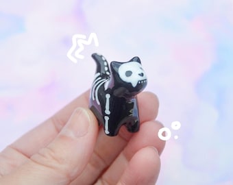 Skeleton Cat Figurine Handmade Clay Halloween Decoration