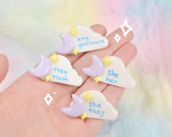 Custom Handmade Pronoun Pin Sparkle Cloud Moon Polymer Clay Brooch Hand-Painted Jewelry Cute LGBTQ+ Badge Pride Gift