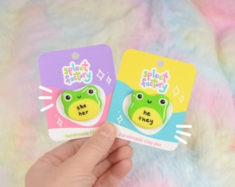 Custom Handmade Pronoun Pin Frog Polymer Clay Brooch Hand-Painted Jewelry Cute LGBTQ+ Badge Pride Gift