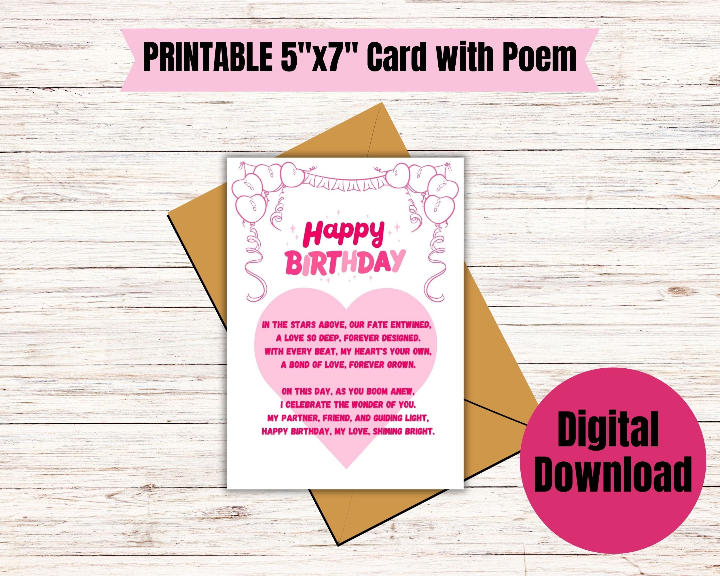 Printable Wife Birthday Poem Card, Printable Birthday Card Romantic