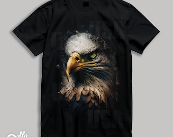 Patriotic Eagle Graphic Tee: USA Flag, Black Cotton, Handmade