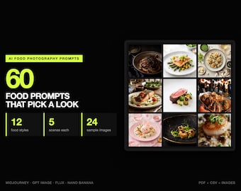 60 AI Food Photography Prompts, 12 Styles | Dark Moody, Bright Airy, Flat Lay, Fine Dining, Street Food | 24 Sample Images