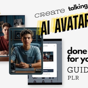 Pode incluir: Um guia digital sobre como criar avatares de IA falantes. O guia é intitulado "Crie avatares de IA falantes, feito para você, GUIA PLR". A imagem mostra a tela de um tablet com um vídeo de um jovem falando. O vídeo é intitulado "Avatar falante".
