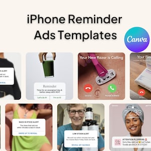 iPhone-påminnelsestil Metastatiska annonser, redigerbara Canva-mallar - klart för dig, kopiera och klistra in | Instagram Facebook-annonser
