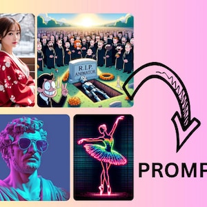 Puede incluir: Un collage de cuatro imágenes. La imagen superior izquierda muestra a una mujer con un kimono rojo y blanco. La imagen superior derecha muestra una ilustración de dibujos animados de un funeral con una lápida que dice "R.I.P. Animador". La imagen inferior izquierda muestra un busto azul y morado de un hombre con gafas de sol. La imagen inferior derecha muestra una bailarina rosa neón con un tutú arcoíris bailando en una cuadrícula en blanco y negro.