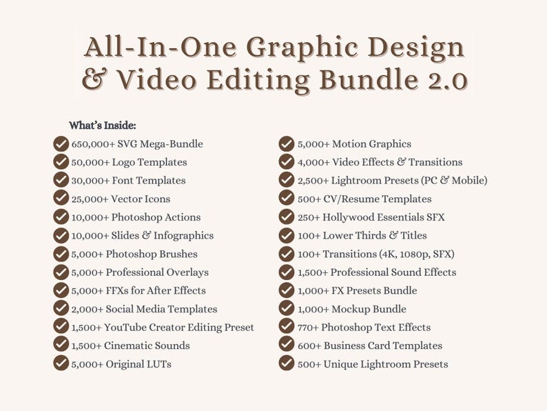 All-In-One Graphic Design & Video Editing Bundle 2.0 checklist showing SVG mega bundle, logo templates, vector icons, motion graphics, video effects, LUTs, presets and SFX counts.