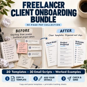 Freelancer Client Onboarding Bundle | 20 Templates, 30 Email Scripts, Welcome Packet and Proposal | PDF