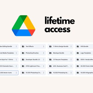 Google Drive logo with lifetime access text above folders showing video editing bundle, text effects, SVG bundle, mockups, fonts, vector icons, templates, and graphics resources.