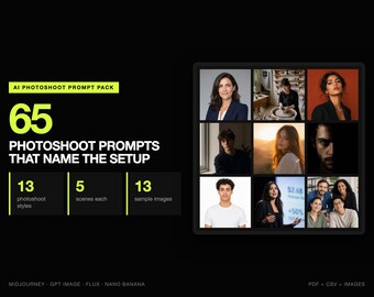 65 AI Photoshoot Prompts, 13 Styles | Corporate Headshots, Environmental, Editorial, Golden Hour, Team and Speaking | Personal Brand