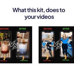 Graphic titled “What this kit, does to your videos” showing before-and-after phone screen comparisons with views rising from 52.7K to 13.9M and 78.4K to 19M for reels content.