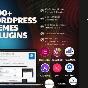 May include: A blue and white laptop screen displaying a WordPress website with the text "Welcome to WordPress 3.8" and "Introducing a modern new design". The laptop is surrounded by icons for popular WordPress plugins and themes, including Elementor, Yoast SEO, RankMath, Astra Pro, Divi, and AIO SEO. The text "5000+ WordPress Themes & Plugins" and "+ 15,000 more Assets" is displayed on the right side of the image.