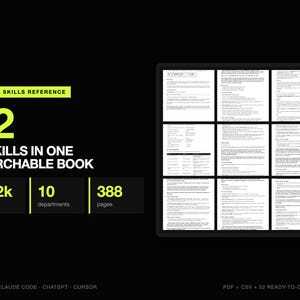 May include: A digital reference book titled CLAUDE SKILLS REFERENCE featuring 52 AI skills, 152k words, 10 departments, and 388 pages. The graphic displays a grid of nine document pages on the right and text on the left with a black background.