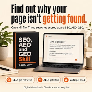 May include: A black box labeled SEO, AEO and GEO Skill next to an open laptop displaying a Claude interface with Gate 2: Eligibility text. The image includes the text Find out why your page isn't getting found and SEO: get retrieved.