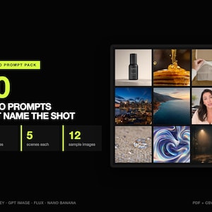 May include: A digital product display featuring the text AI VIDEO PROMPT PACK 60 VIDEO PROMPTS THAT NAME THE SHOT. It includes a grid of nine diverse photographic thumbnails showing a bottle, pancakes, packaging, cityscapes, and abstract art.