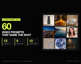 60 AI Video Prompts, 12 Shot Types | Works with Seedance, Veo, Sora, Runway and Kling | Product, Drone, UGC, Macro and Loops