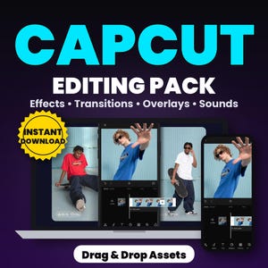 May include: A digital CapCut editing pack featuring effects, transitions, overlays, and sounds. The graphic displays a laptop and smartphone screen showing video editing interfaces with a person on a skateboard. Text includes CAPCUT EDITING PACK, INSTANT DOWNLOAD, and Drag & Drop Assets.