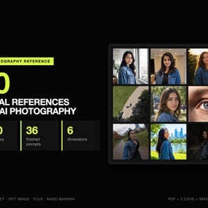 Puede incluir: Una guía digital titulada AI PHOTOGRAPHY REFERENCE con 90 VISUAL REFERENCES FOR AI PHOTOGRAPHY, 380 vocabulary terms, 36 finished prompts y 6 dimensions. Incluye una cuadrícula de nueve fotografías que muestran varios retratos y escenas al aire libre.