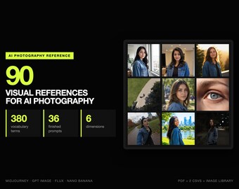 90 AI Photography Reference Images | DSLR Prompt Guide, 380 Camera Lighting and Angle Terms | 36 Prompts | Midjourney Flux Nano Banana